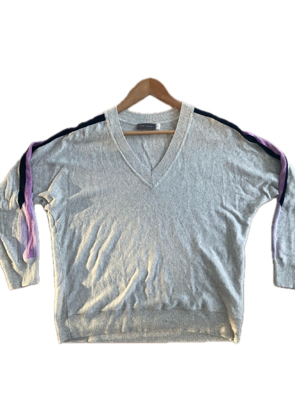 MINT VELVET V-Neck Cotton Cashmere Blend Knit Sweater Medium Grey Striped Sleeve